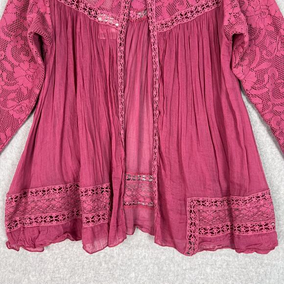 Free People One Pink Golden Age Lace Long Sleeve Open Back Top Size Medium - Picture 7 of 10